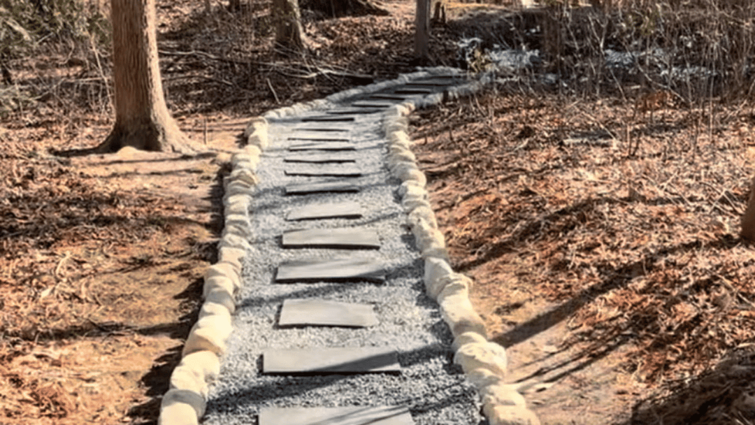 Gravel path with stone border and laid-out mats through wooded area in early spring.