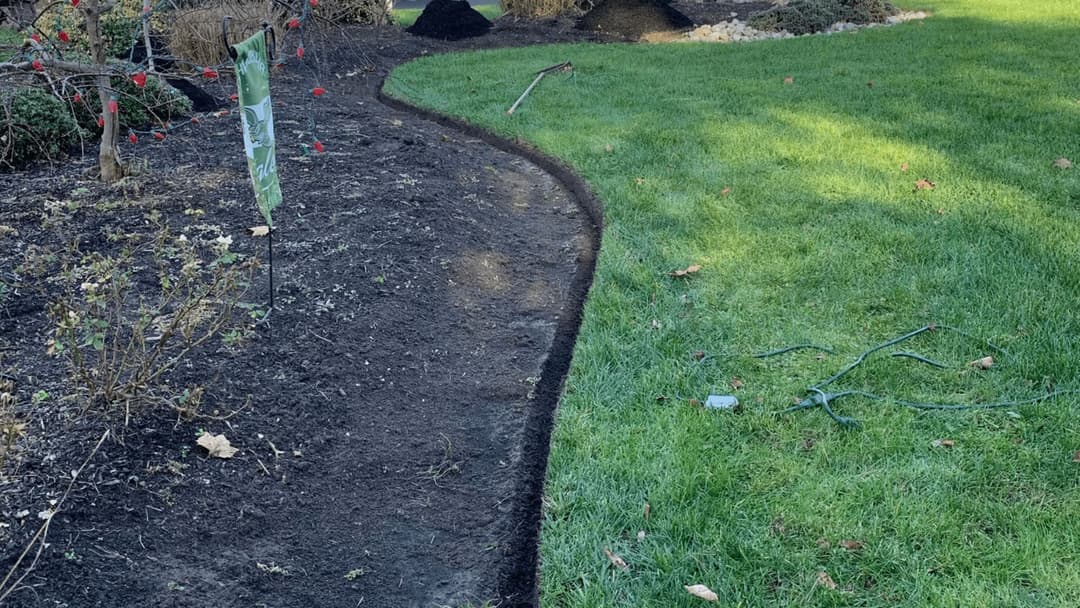 Curved landscape edging separating dark mulch from vibrant green lawn area.