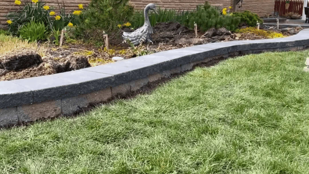 Lush green lawn with a curved stone border and decorative swan statue in a blooming garden.