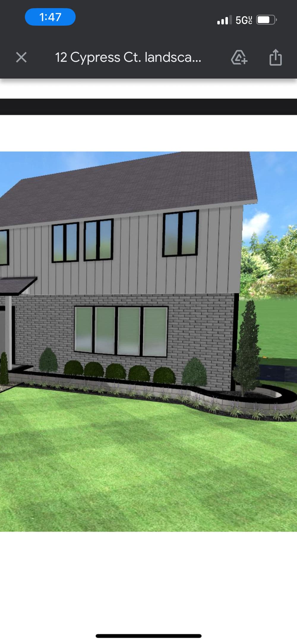 Modern house exterior design with landscaped yard on Cypress Ct. featuring plants and pathways.